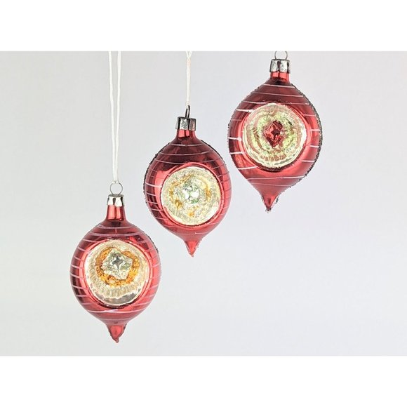 Set of 3 Vtg 1950s Red Orange Reflector Teardrop Ornaments Concave Indent Shiny - Picture 2 of 9